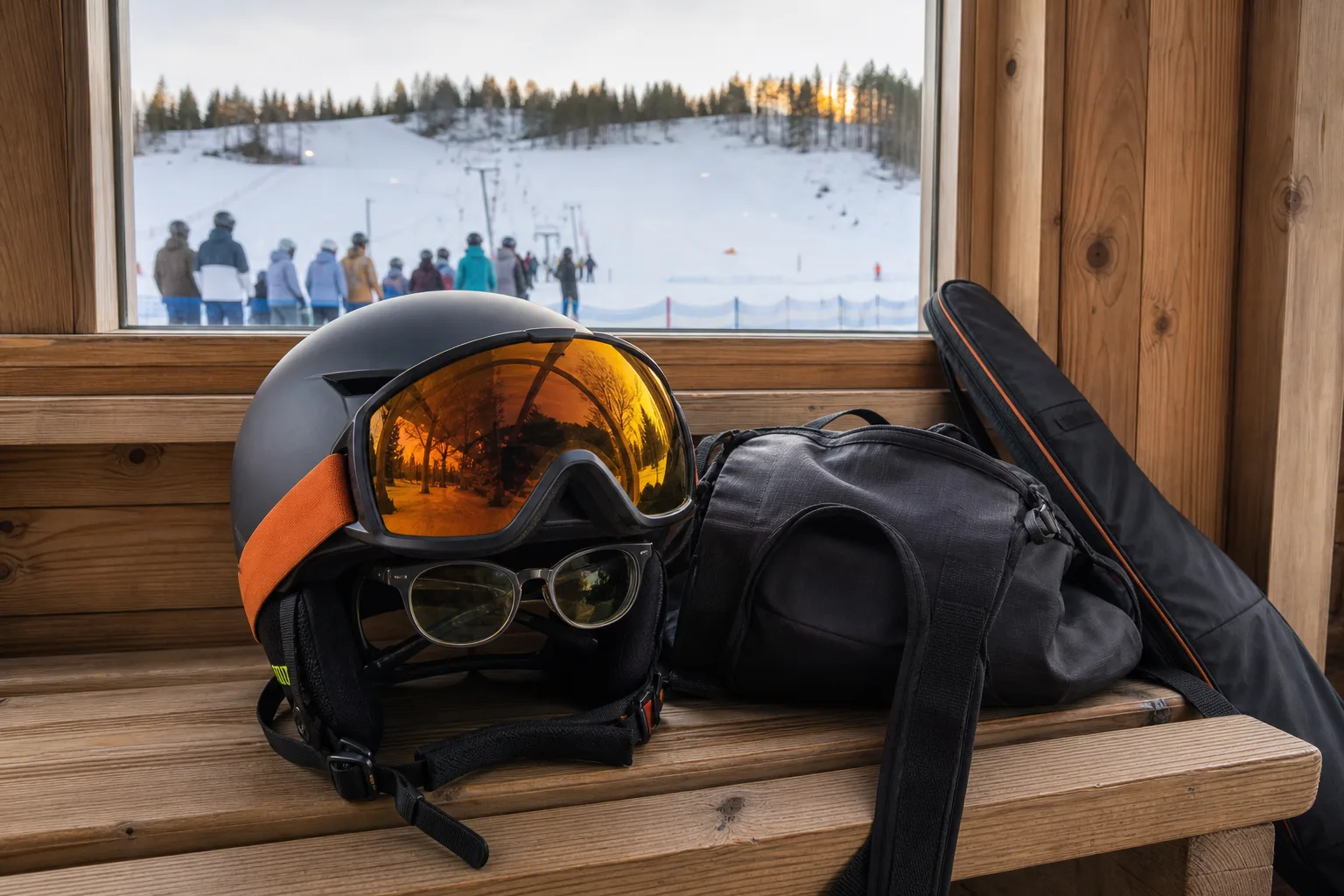 Liten hjälm, rymliga goggles och små glasögon på en träbänk