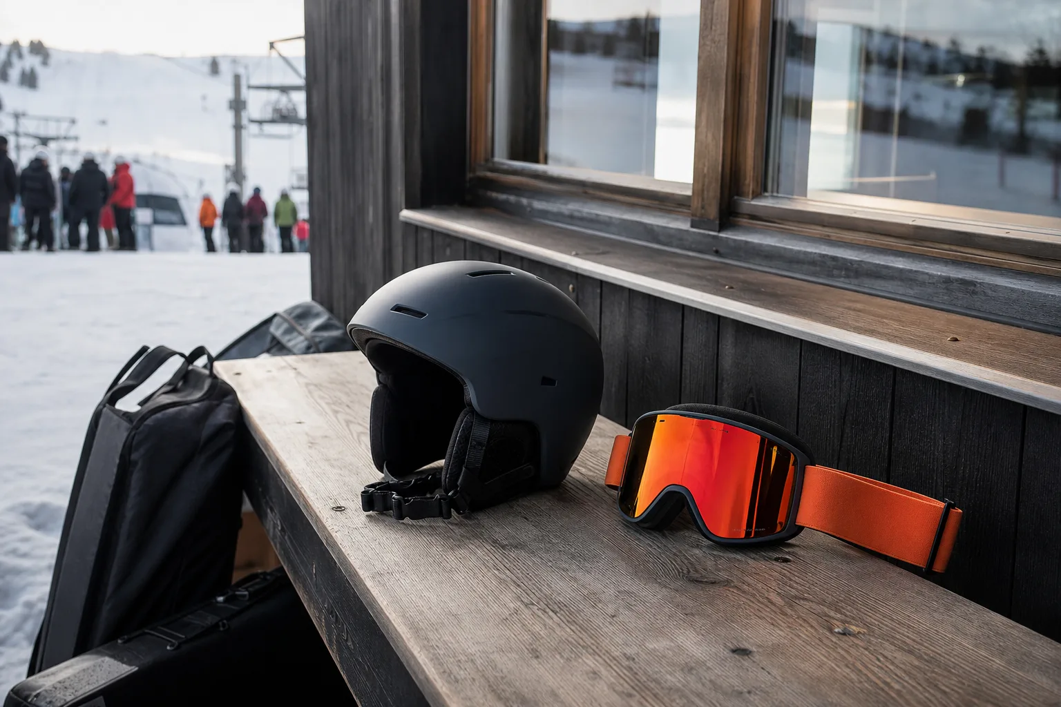 Hjälm och goggles med synlig liten glipa på bänk