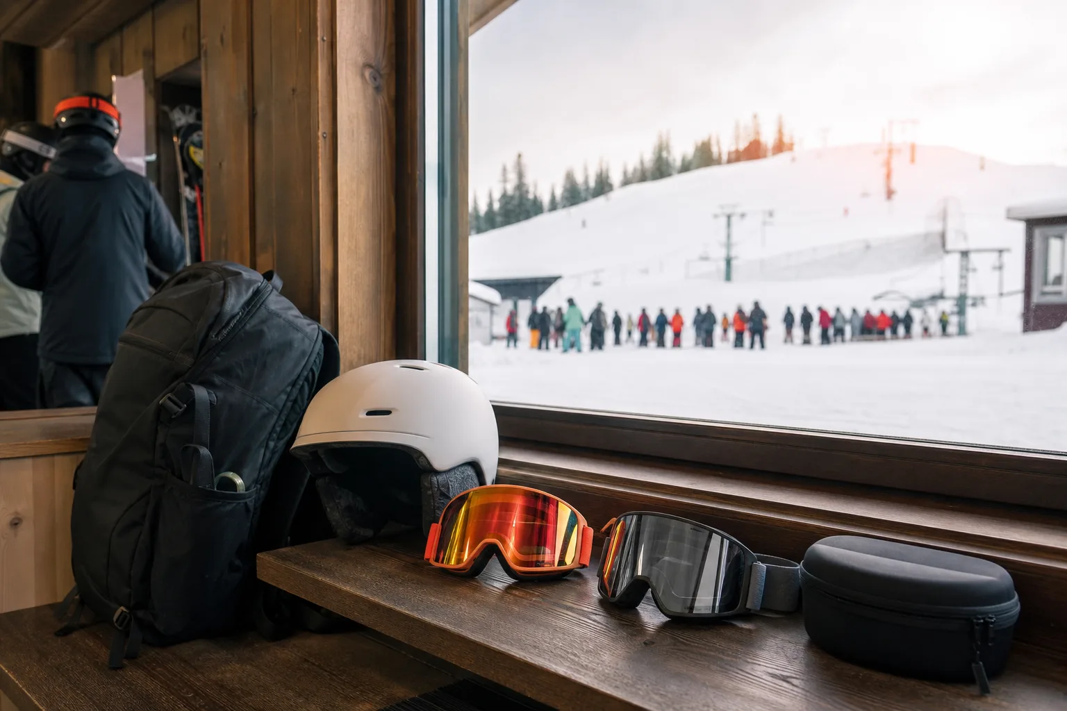 Hjälm, goggles och fodral på bänk vid fönster mot skidbacke