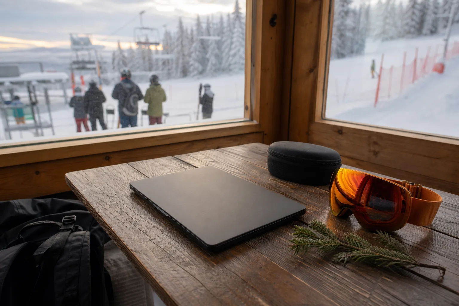 Stängd laptop, gogglefodral och granris på träbord