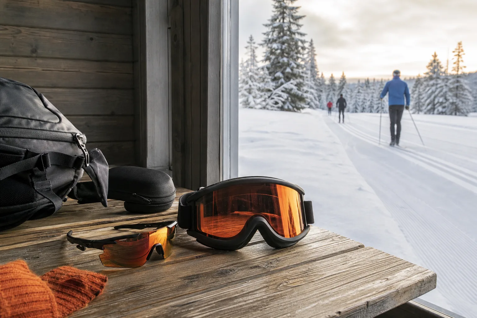 Sportglasögon och alpina goggles sida vid sida