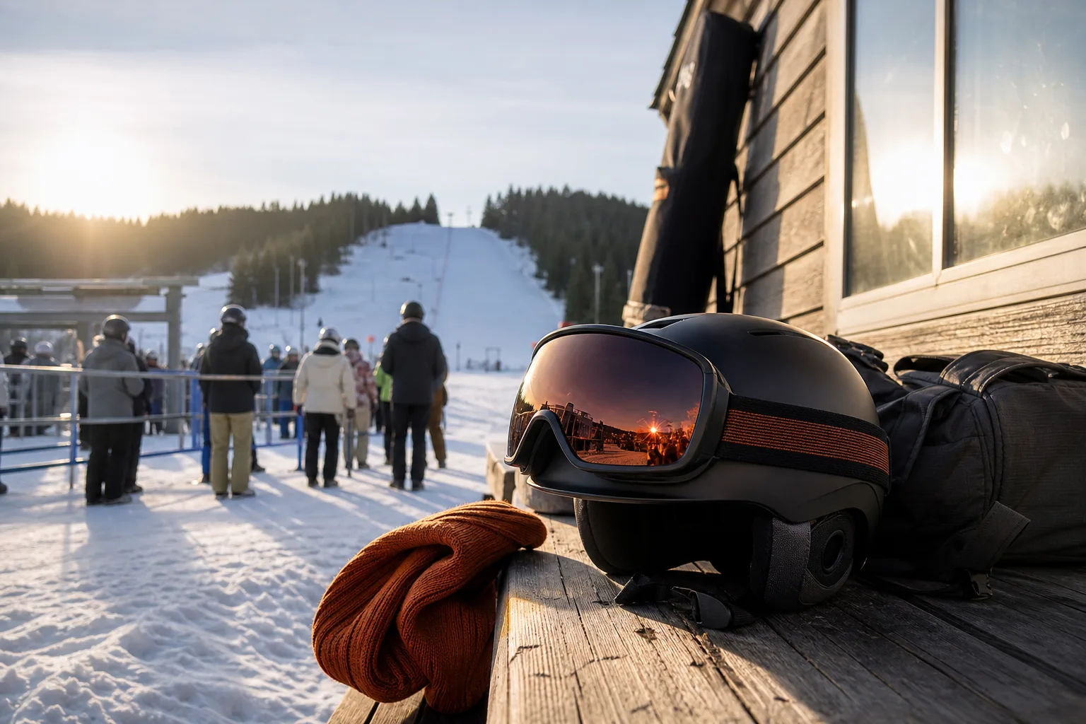 Mörk gogglelins på hjälm i starkt solljus