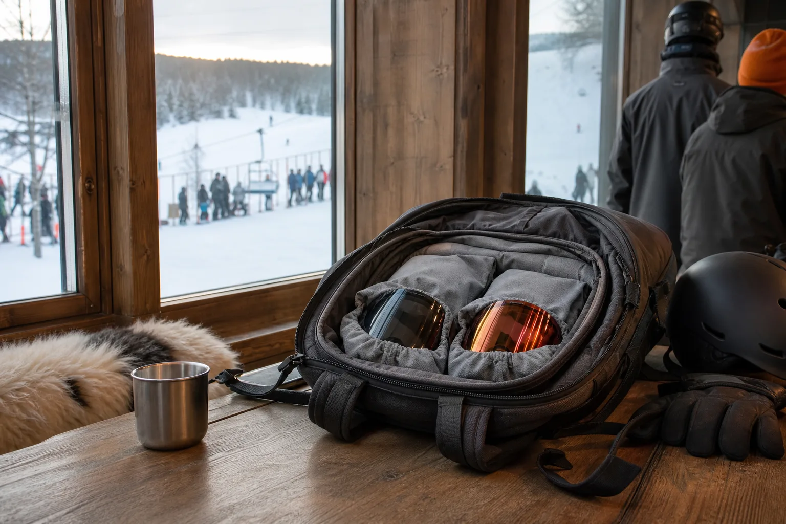 Två gogglelinser i skyddspåsar i en skidryggsäck