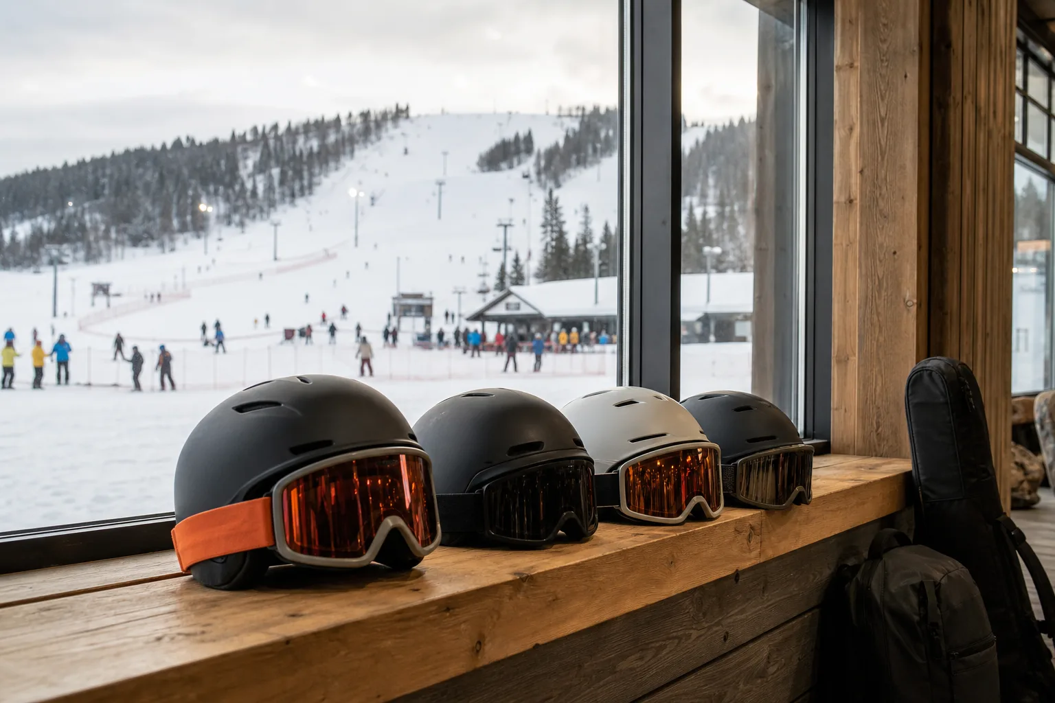 Fyra hjälmar med goggles framför varierad skidmiljö