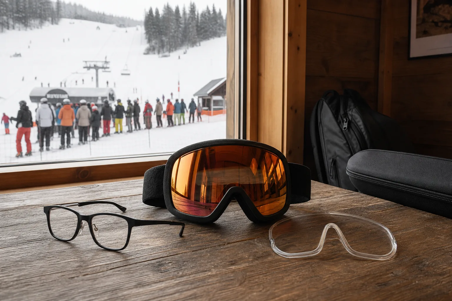 OTG-goggles, vanliga glasögon och en neutral linsinsats på ett träbord