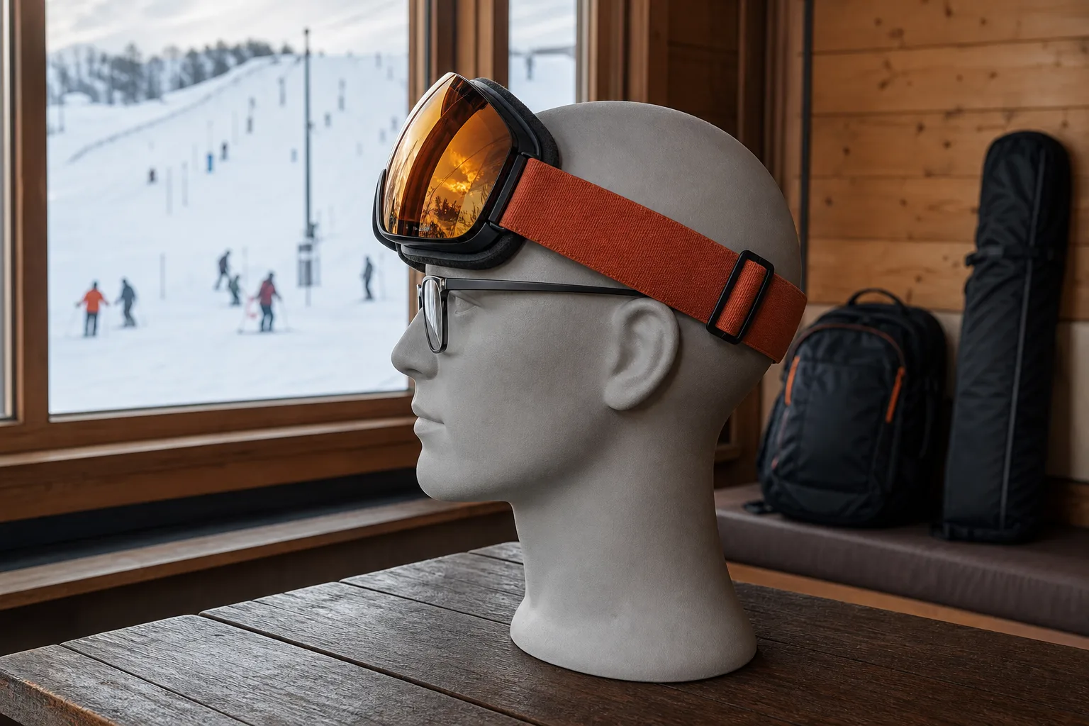 Goggle över glasögon på neutral huvudform i sidovy