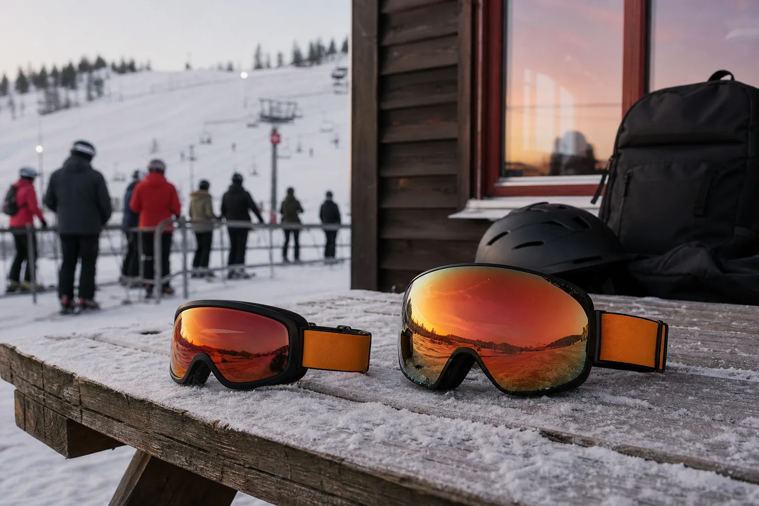 Låg och stor OTG-goggle i profil på snöig bänk