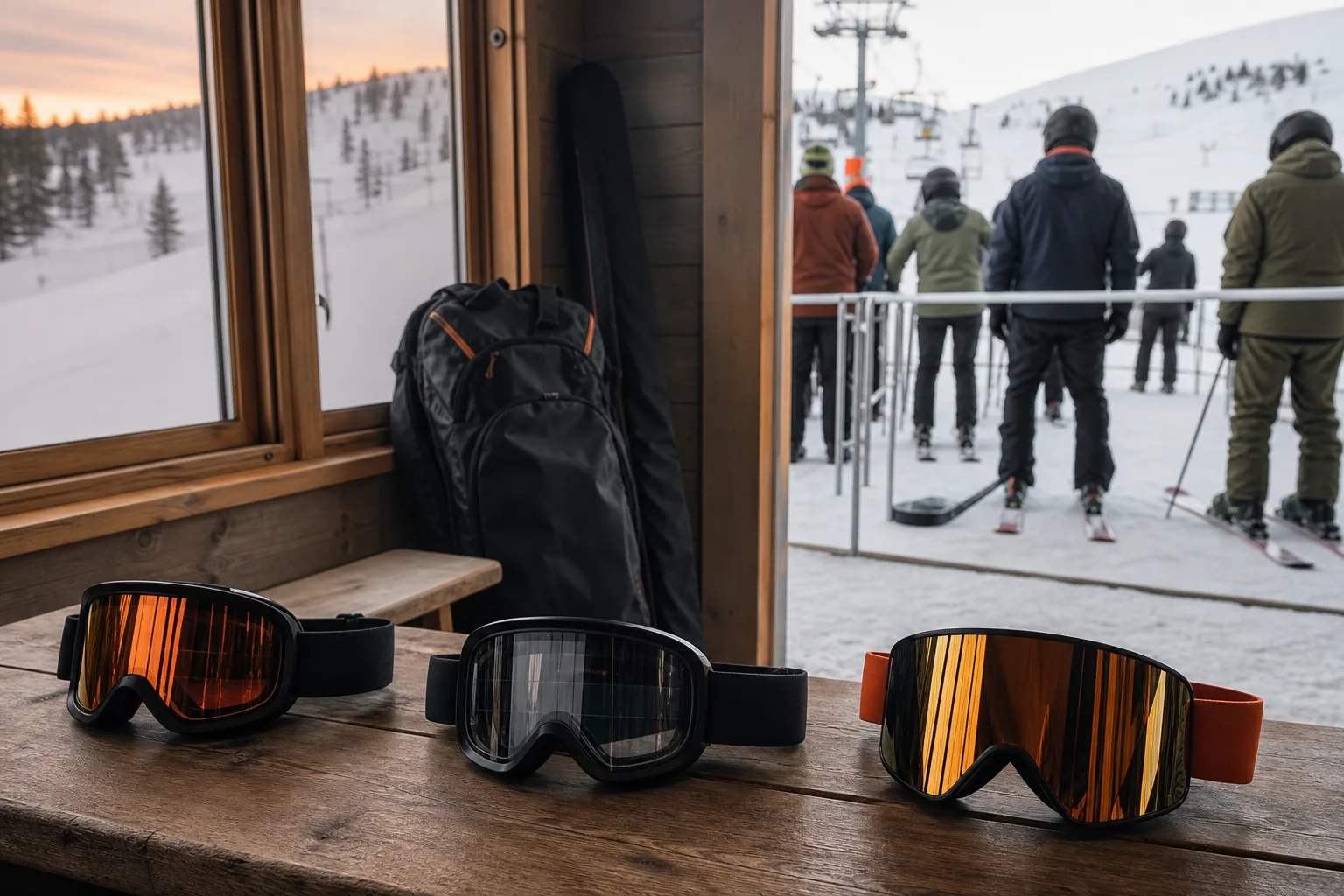 Tre omärkta goggles med olika konstruktion på träbänk