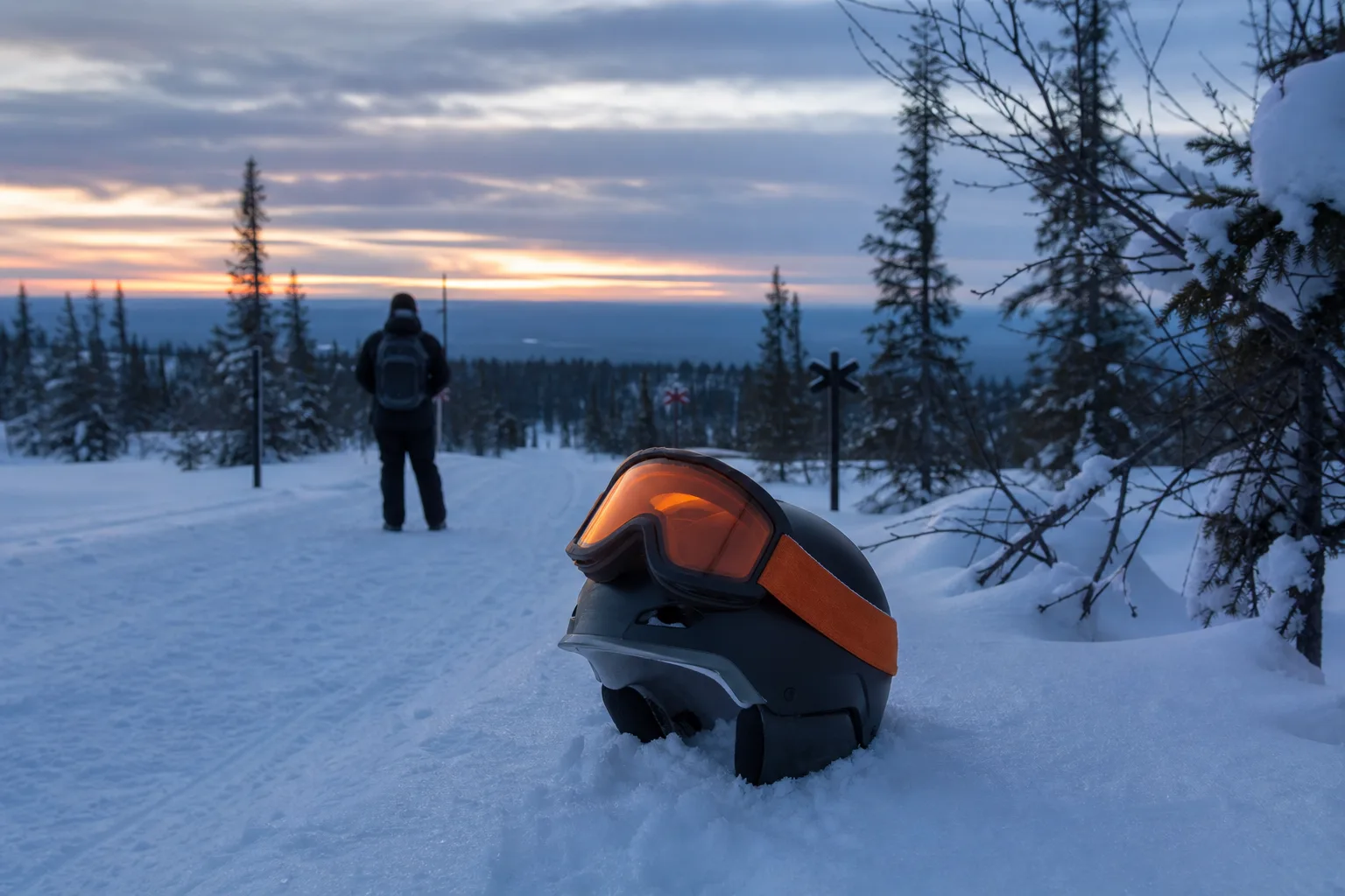 Varmtonad skotergoggle på hjälm i blå vinterskymning