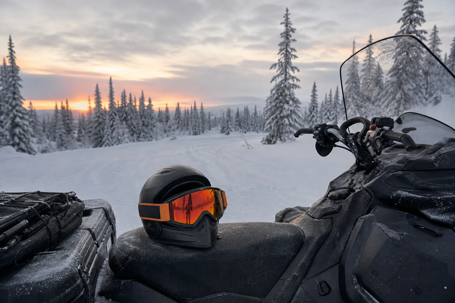 Skotergoggles på hjälm vid stillastående snöskoter