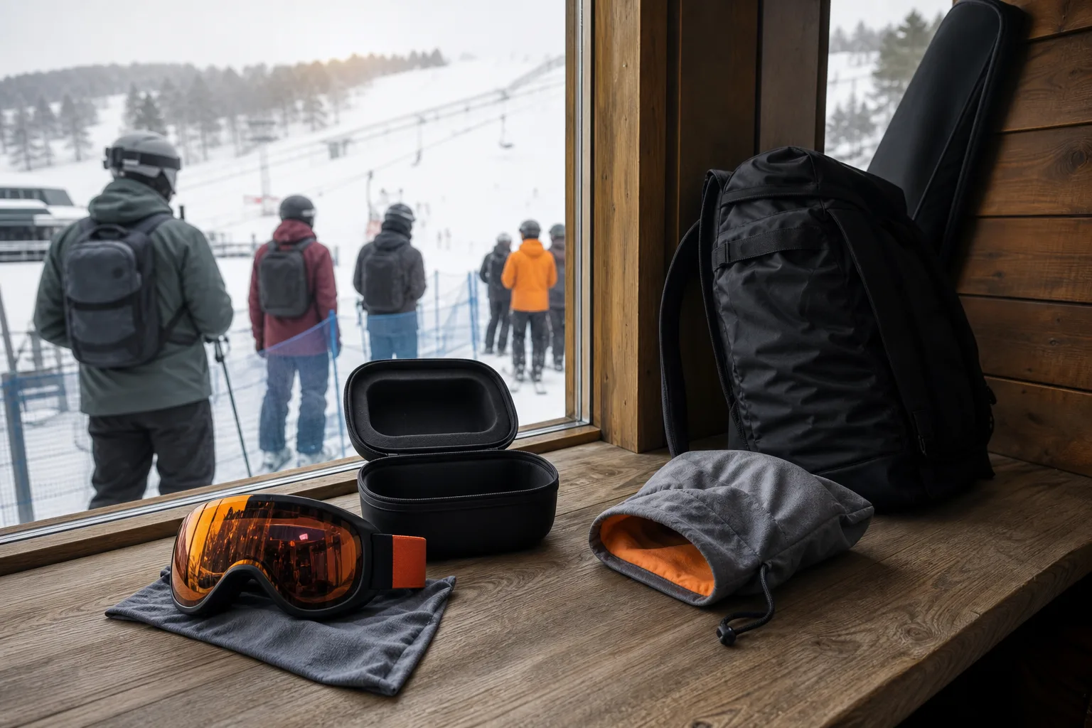 Hårt case och mjukt cover bredvid goggles