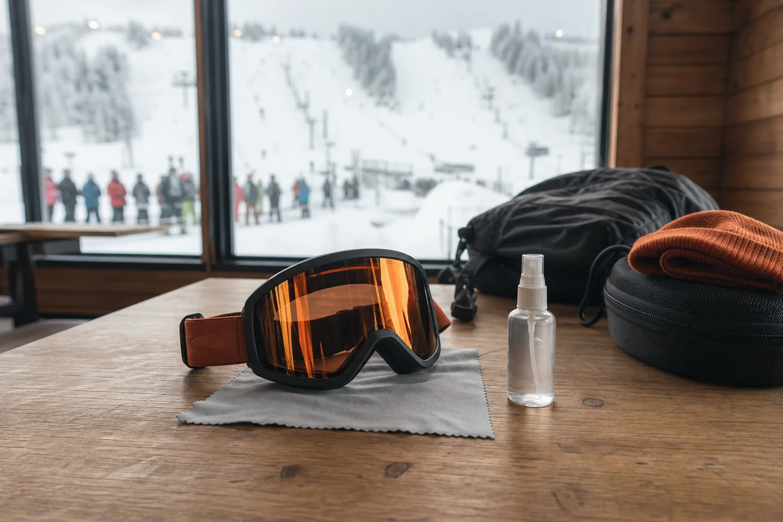 Goggles på mikrofiberduk bredvid anonym sprayflaska