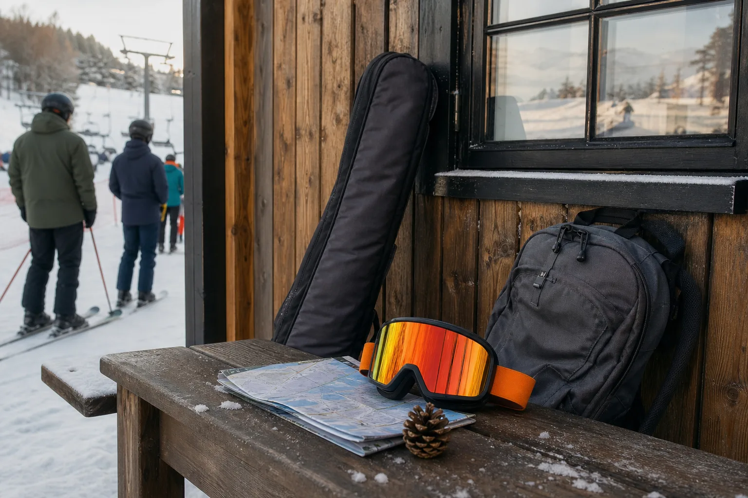 Goggles, hopvikt karta utan text och kotte på träbänk