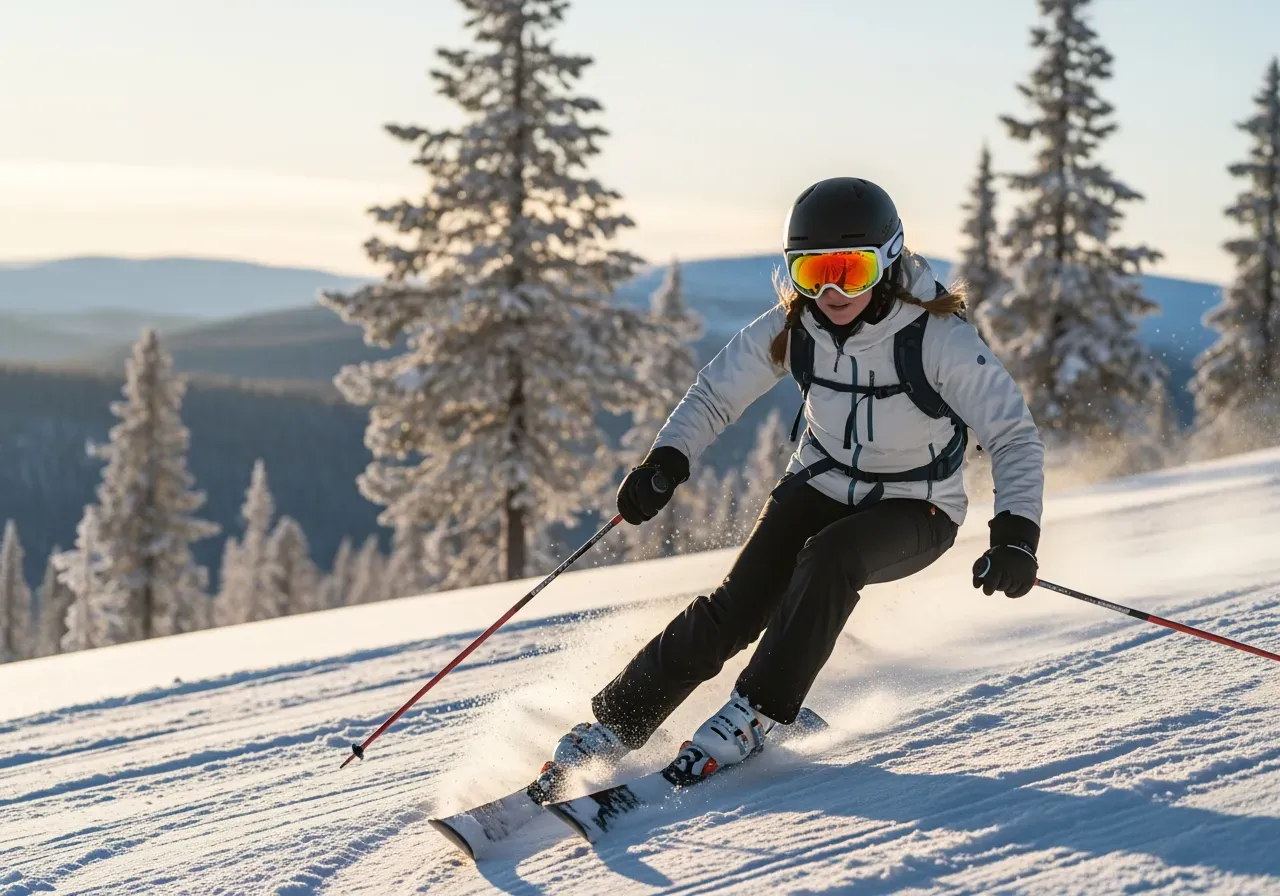 Kvinna åker skidor med skidglasögon