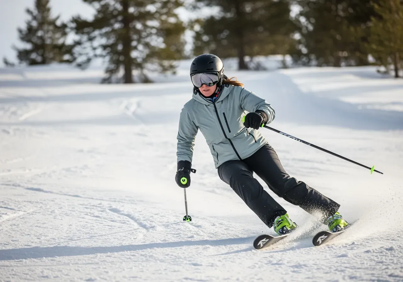 Kvinna åker skidor med skidglasögon