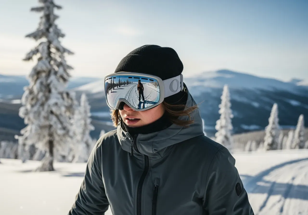 Kvinna åker skidor med skidglasögon