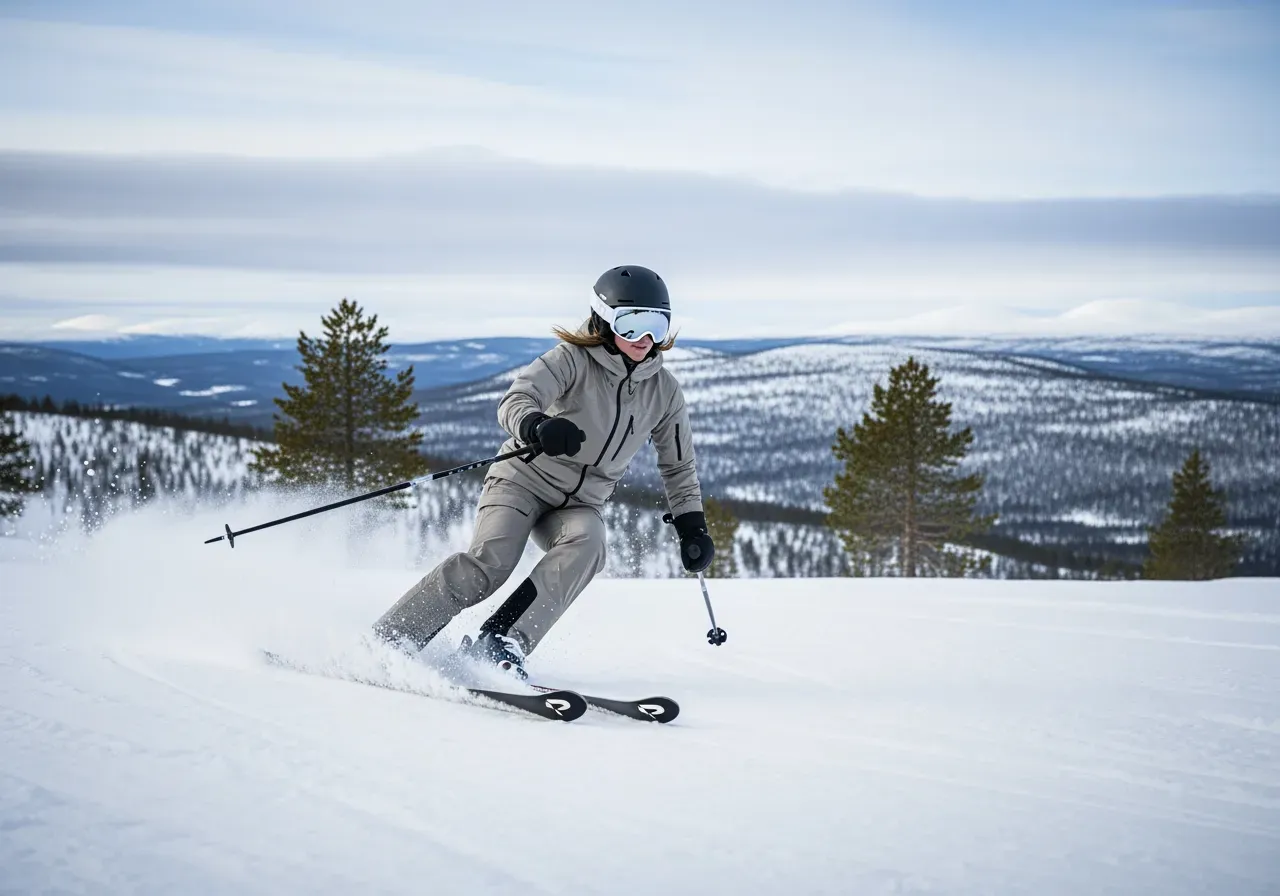 Kvinna åker skidor med skidglasögon